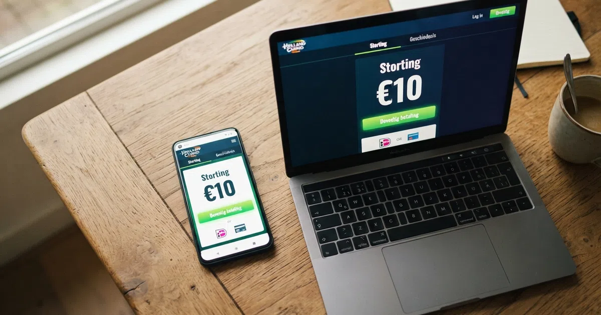 Een overzicht van online casino-stortingsschermen met een €10-optie op zowel smartphone als laptop