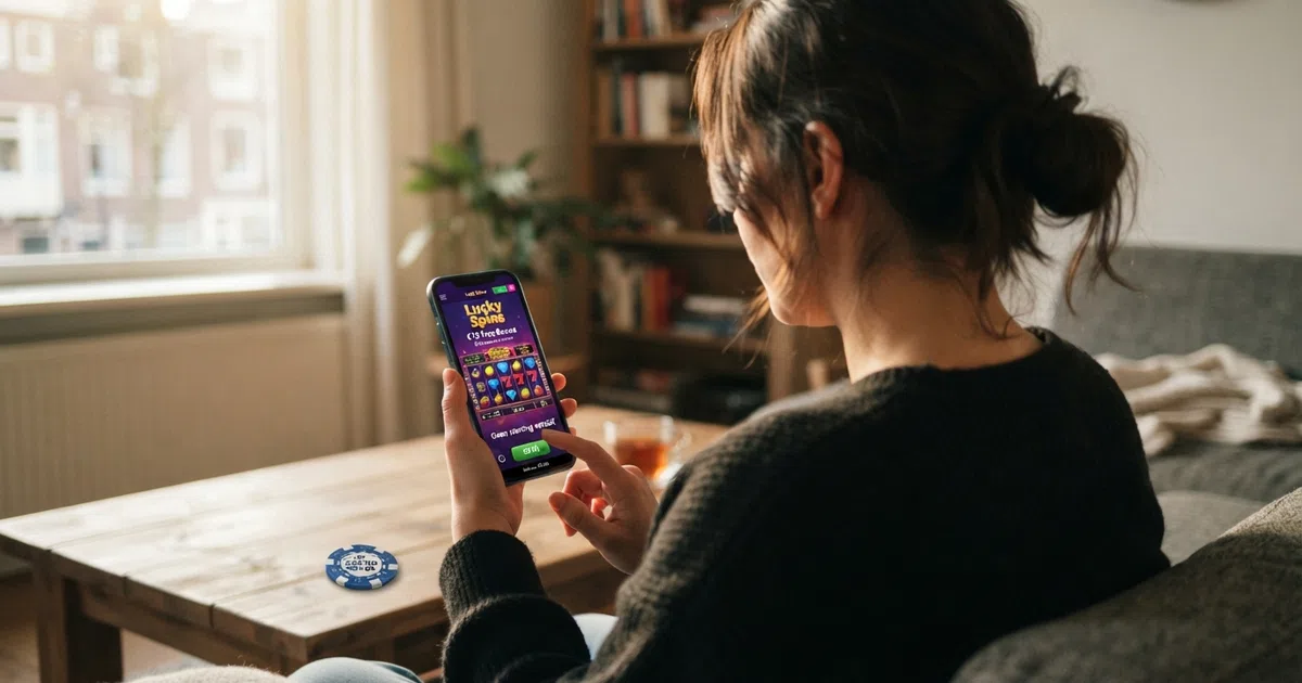 Een Nederlandse speler kijkt op een scherm naar een online casino bonusaanbod met de tekst “geen storting vereist”