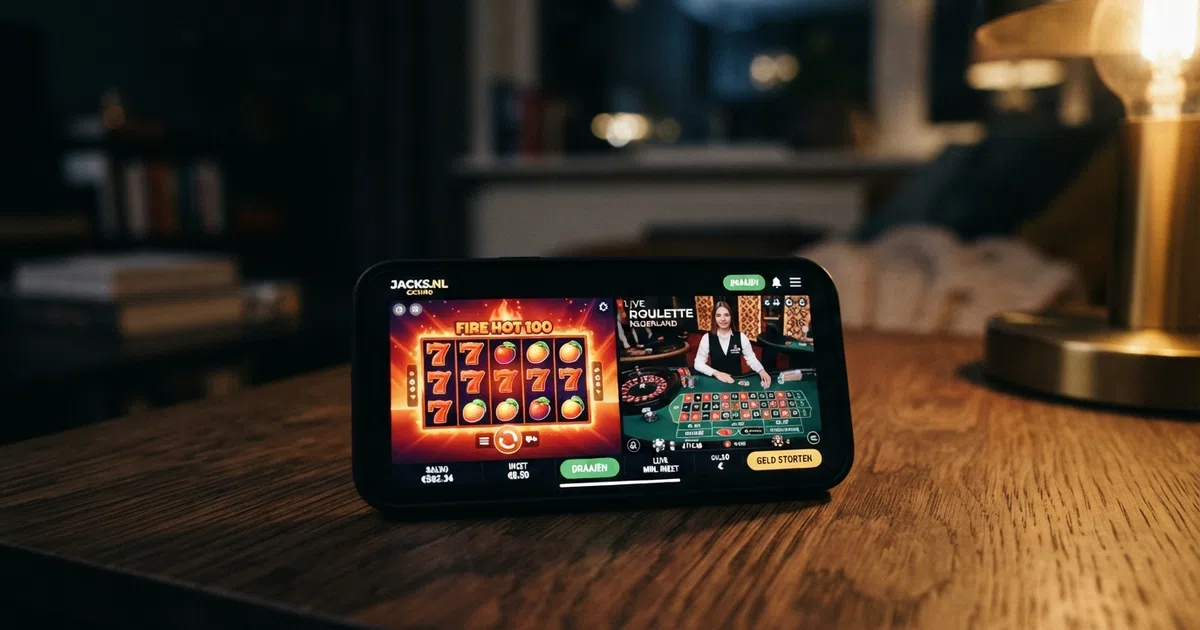 Een smartphone met daarop het scherm van een Nederlands online casino in de nachtelijke uren, met slots en live casino zichtbaar op het scherm