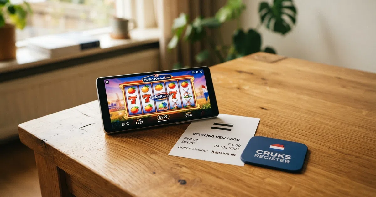een smartphone met een Nederlands online casino op het scherm, een iDEAL-betaalbevestiging van €5 en een Cruks-register icoon ernaast