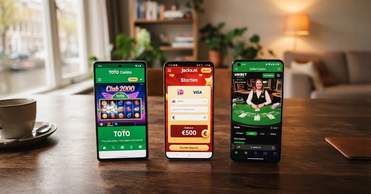 Drie Android-telefoons naast elkaar met elk een andere Nederlandse casino-app: TOTO Casino, Jacks.nl en Unibet Casino — de schermen tonen het spelaanbod, de stortingspagina en een live-dealertafel