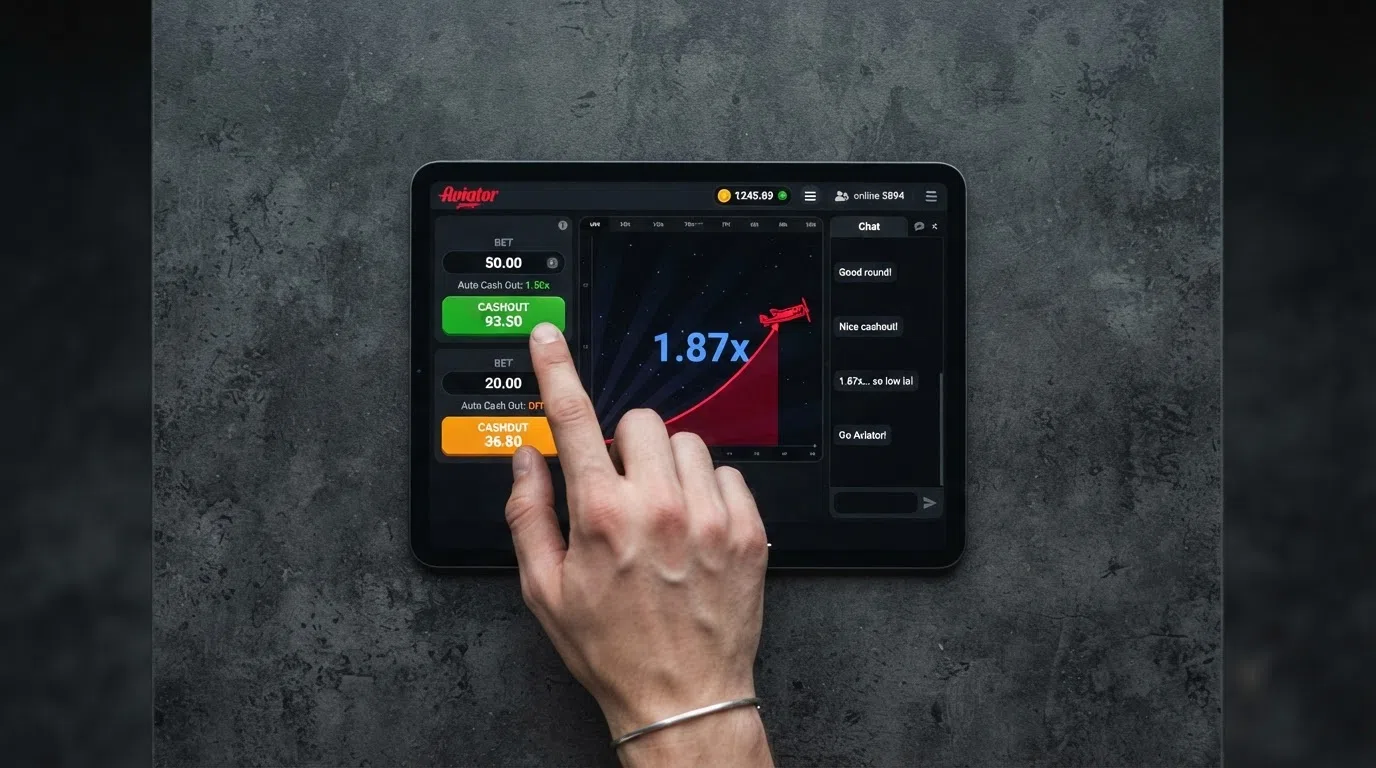 De dubbele-inzet-interface van Aviator met twee aparte betvelden en live multiplayer-chat