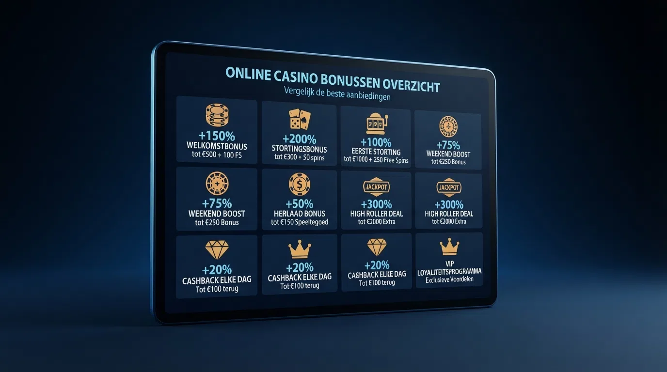 Een uitgelijnd overzicht van casino-logo's en bonuspercentages op een donker vergelijkingsscherm met sorteerpijlen
