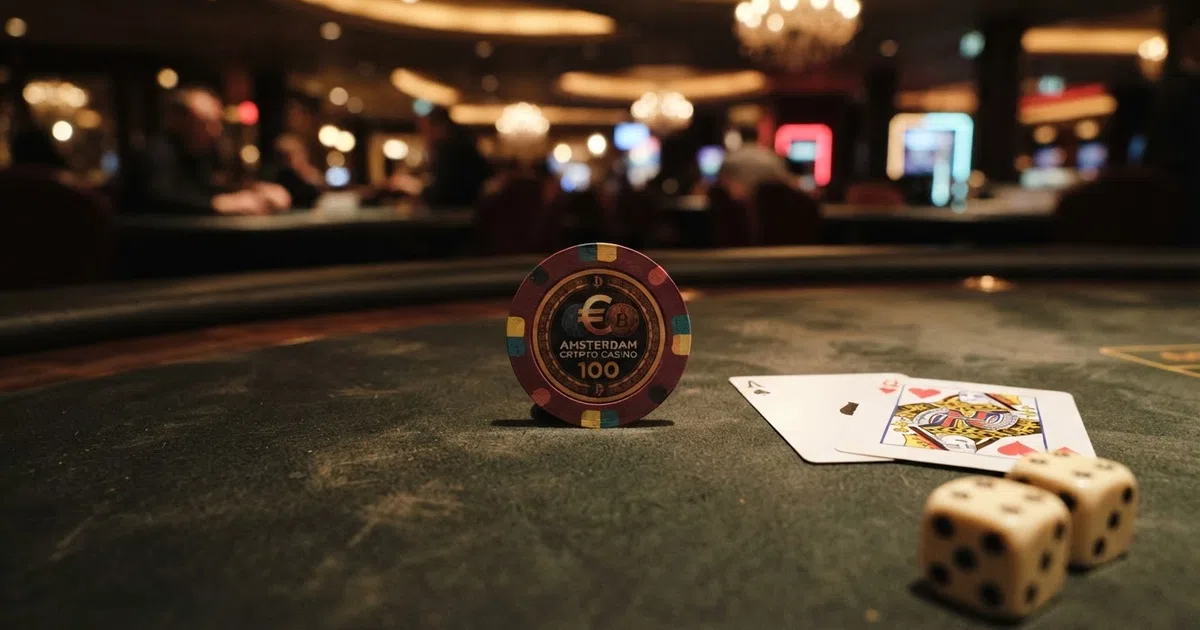 Een bitcoin-munt naast speelkaarten en dobbelstenen op een donkere casinotafel