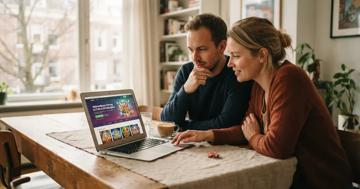 Een Nederlands stel kijkt op een laptop naar een online casino-website met een bonusbanner in beeld