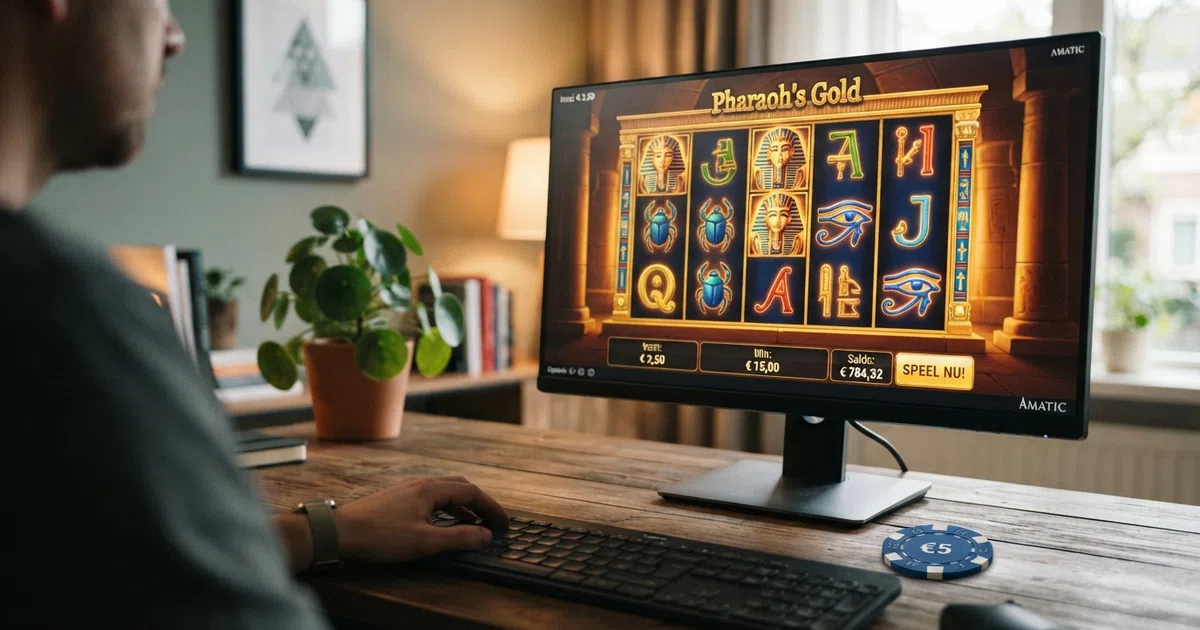 Overzicht van een online Amatic casinolobby met Book of Aztec op de voorgrond, het Amatic-logo zichtbaar en Nederlandse taalelementen op de interface