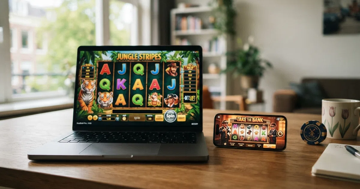 Een overzicht van de interfaces van meerdere Nederlandse Betsoft-casino's op desktop en smartphone, met slots op de voorgrond
