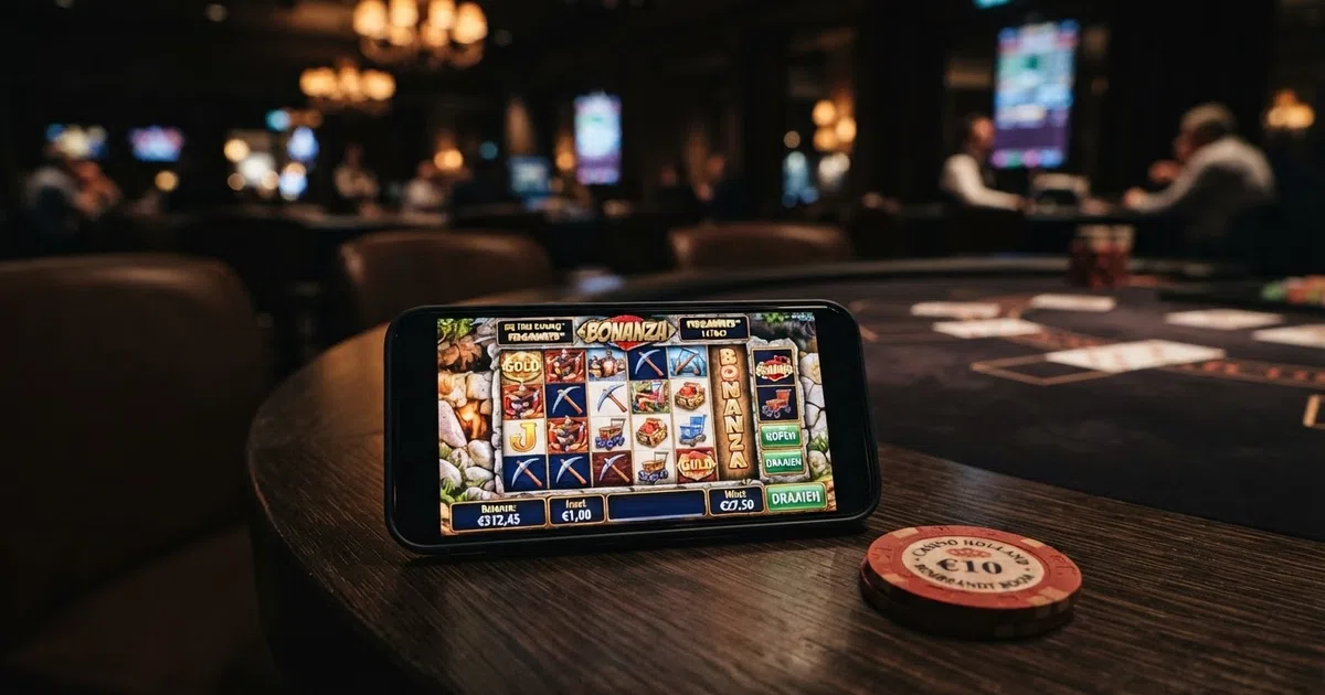 Collage van Big Time Gaming slot-iconen en Nederlandse casino-logo's op een donkere achtergrond