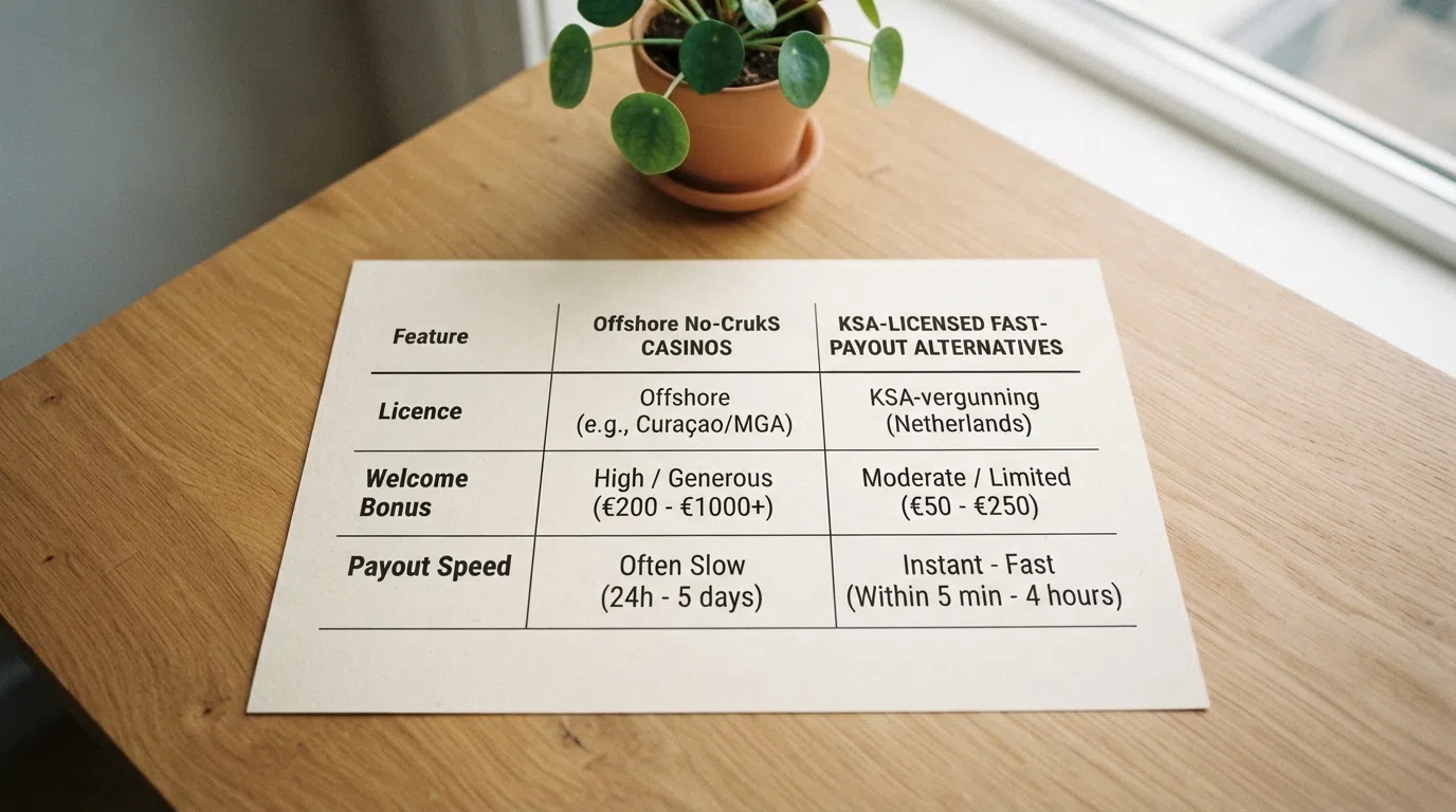 Een overzichtelijke vergelijking van offshore casino's zonder Cruks naast KSA-vergunde aanbieders, met kolommen voor licentie, welkomstbonus en uitbetalingssnelheid.