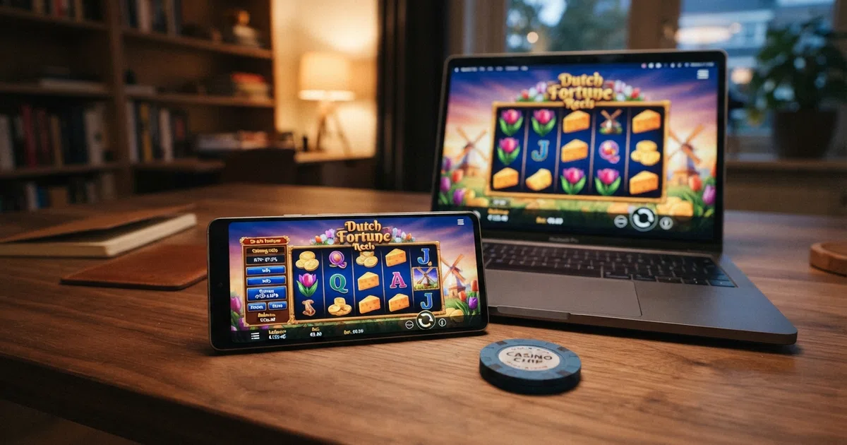 Een verzameling online gokkasten op een laptop- en telefoonscherm, met zichtbare RTP-percentages in het spelmenu