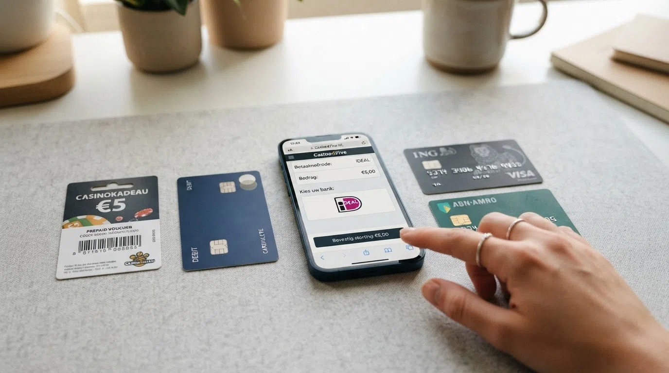 de logo's van iDEAL, Paysafecard, PayPal, Visa en Mastercard naast elkaar, met een pijl naar een casino-stortingsscherm dat “€5,00” toont