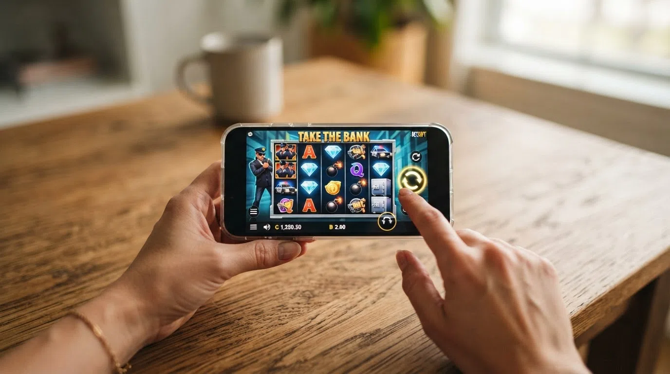 Een Betsoft-slot spelend op een smartphone in landscape-modus, met touch-bediening zichtbaar in beeld