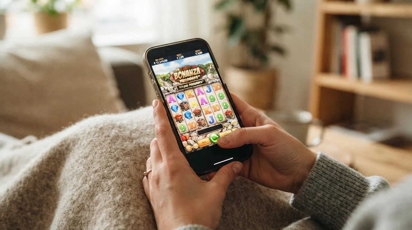 Smartphone met een Big Time Gaming slot in demo-modus, speelgeldsaldo zichtbaar