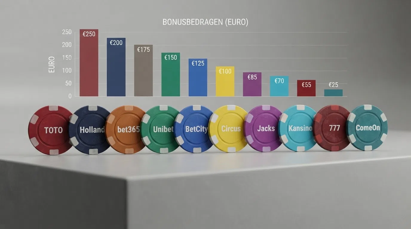 Een overzicht van casinobonuskaarten met logo's, bonusbedragen in euro's en labels zoals “free spins” en “stortingsbonus”