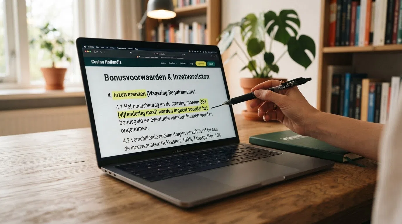 Een close-up van bonusvoorwaarden in kleine letters op een casinoscherm, met een markeerstift over de rondspeelvoorwaarden.