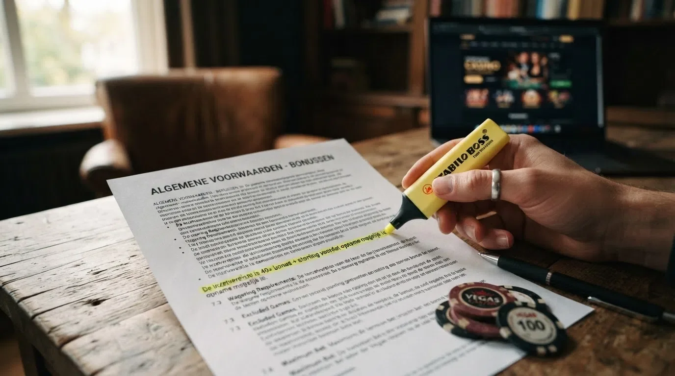 Een uitvergroot stukje bonusvoorwaarden-tekst met een markeerstift over het inzetvereiste