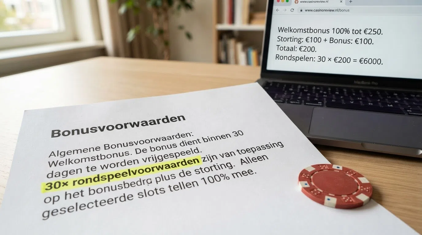 Een close-up van bonusvoorwaarden met een markeerstift die de rondspeelvoorwaarden accentueert, liggend op een casino-interface