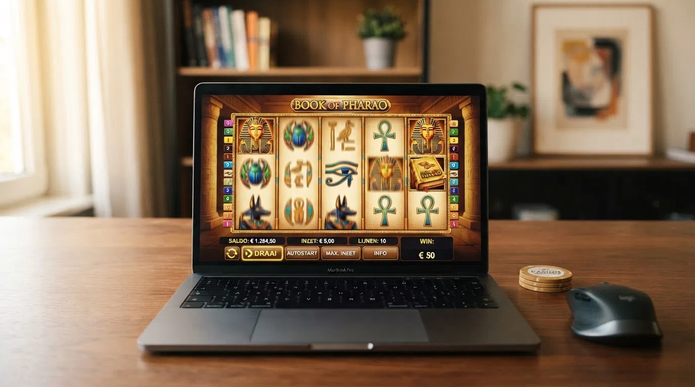 Schermafbeelding van de Book of Aztec gokkast met de vijf rollen, Egyptische symbolen en het Amatic-ontwerp in een browser op desktop