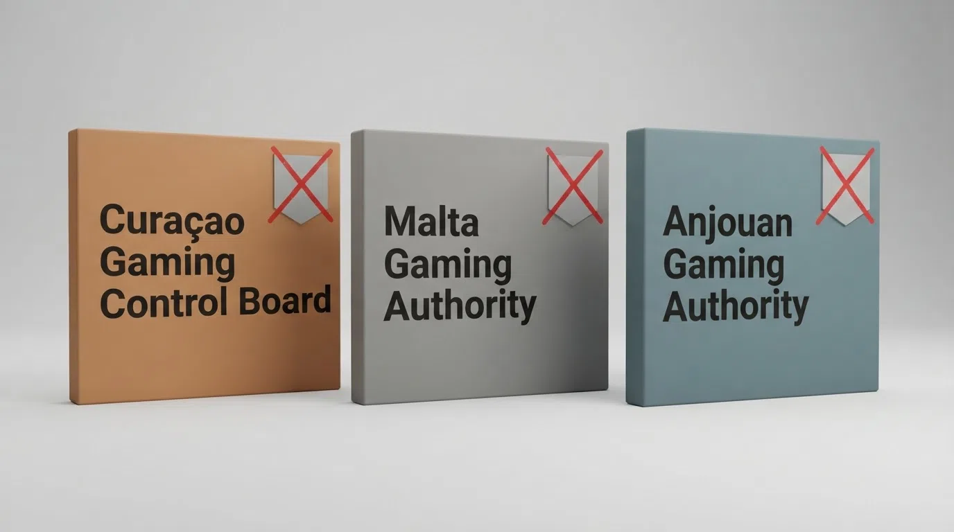 Drie vergunningdocumenten naast elkaar: Curaçao, MGA en Anjouan — met een rood kruis door het Ksa-logo om aan te geven dat geen van deze een Nederlandse vergunning is