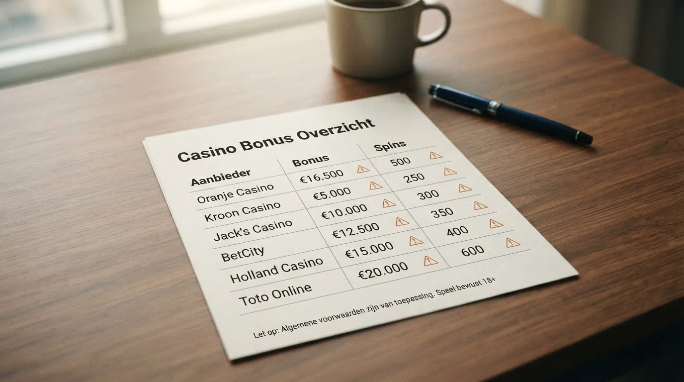 Een overzichtelijke vergelijkingstabel met casinonamen, bonusbedragen en free-spins-aantallen, met een waarschuwingspictogram bij operators zonder bevestigde vergunning