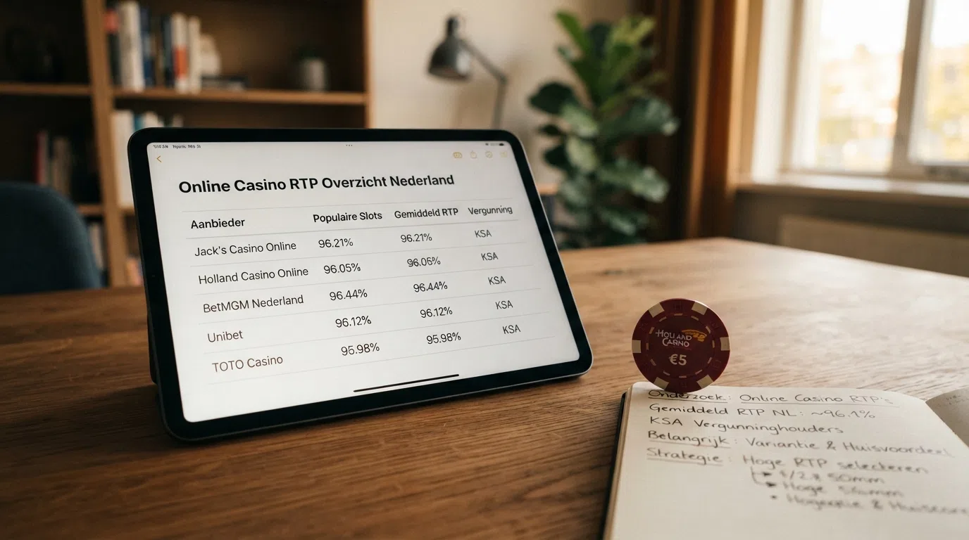 Een vergelijkingstabel van Nederlandse online casino's met hun gemiddelde RTP-percentages en welkomstbonussen
