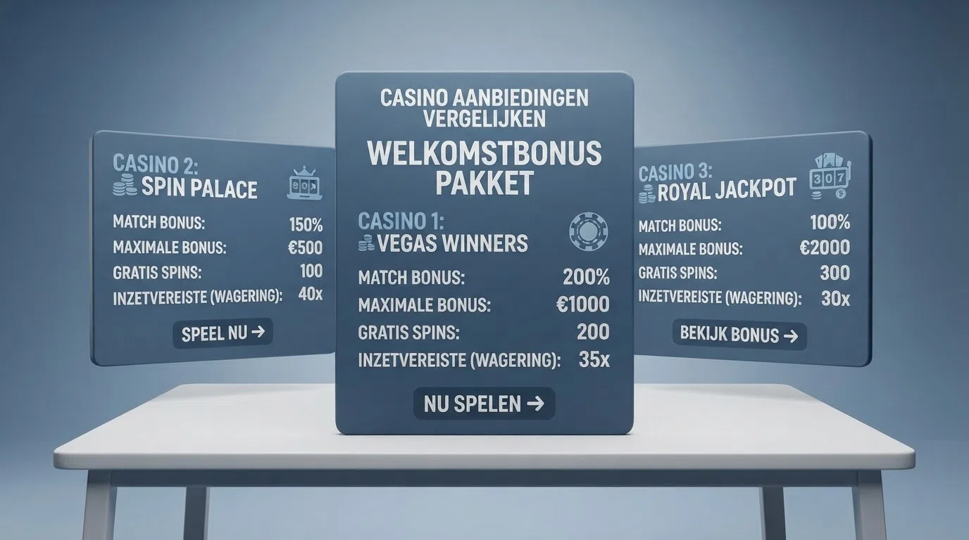 Een overzichtelijke vergelijkingstabel met bonuspercentages, maximale bedragen en free spins van meerdere aanbieders