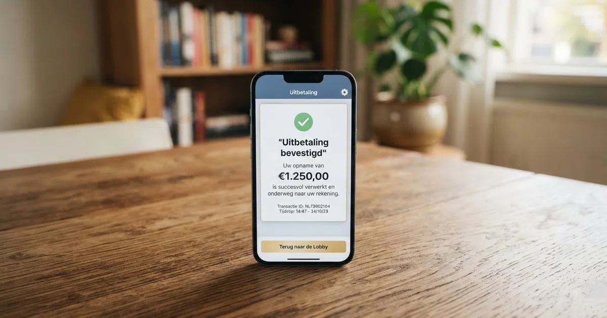 Een smartphone-scherm met een openstaande uitbetalingsbevestiging van een online casino, met iDEAL- en Trustly-logo's zichtbaar naast het uitbetalingsbedrag in euro's