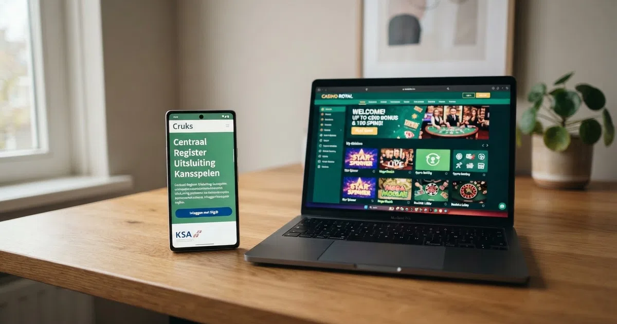 Een scherm met een geopend Cruks-register naast de homepage van een buitenlands online casino