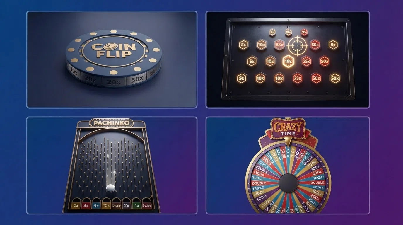 Vier afzonderlijke schermfragmenten die elk een andere Crazy Time-bonusronde tonen — een munt voor Coin Flip, een schietgalerij voor Cash Hunt, een puckspel voor Pachinko en een extra rad voor de Crazy Time-ronde