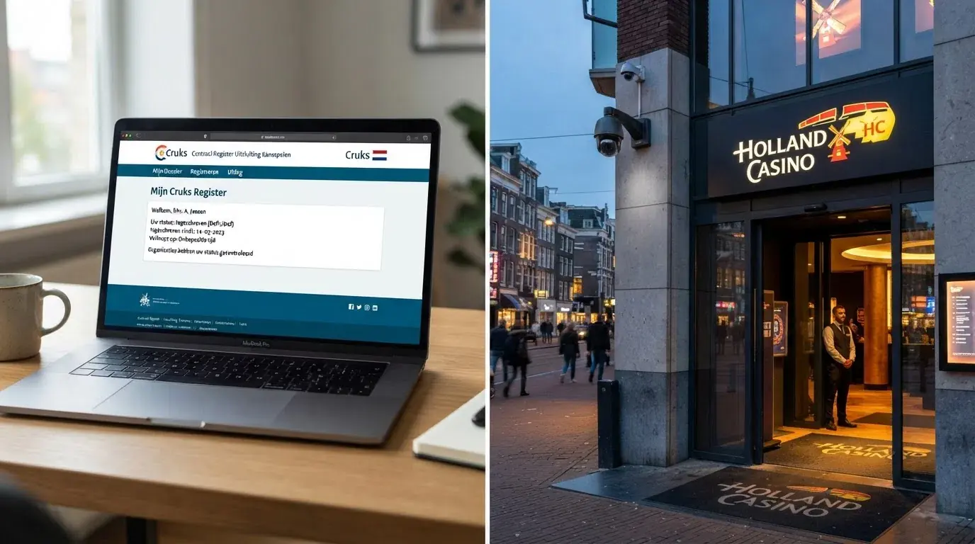 Een split-beeld dat het landelijke Cruks-register (website op laptop) naast de entree van een Holland Casino-vestiging toont