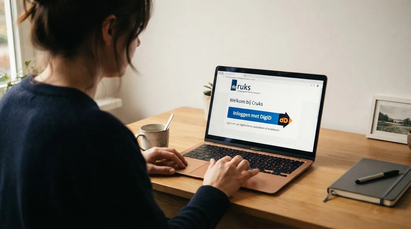 Het inlogscherm van het Cruks-register met DigiD op een laptop