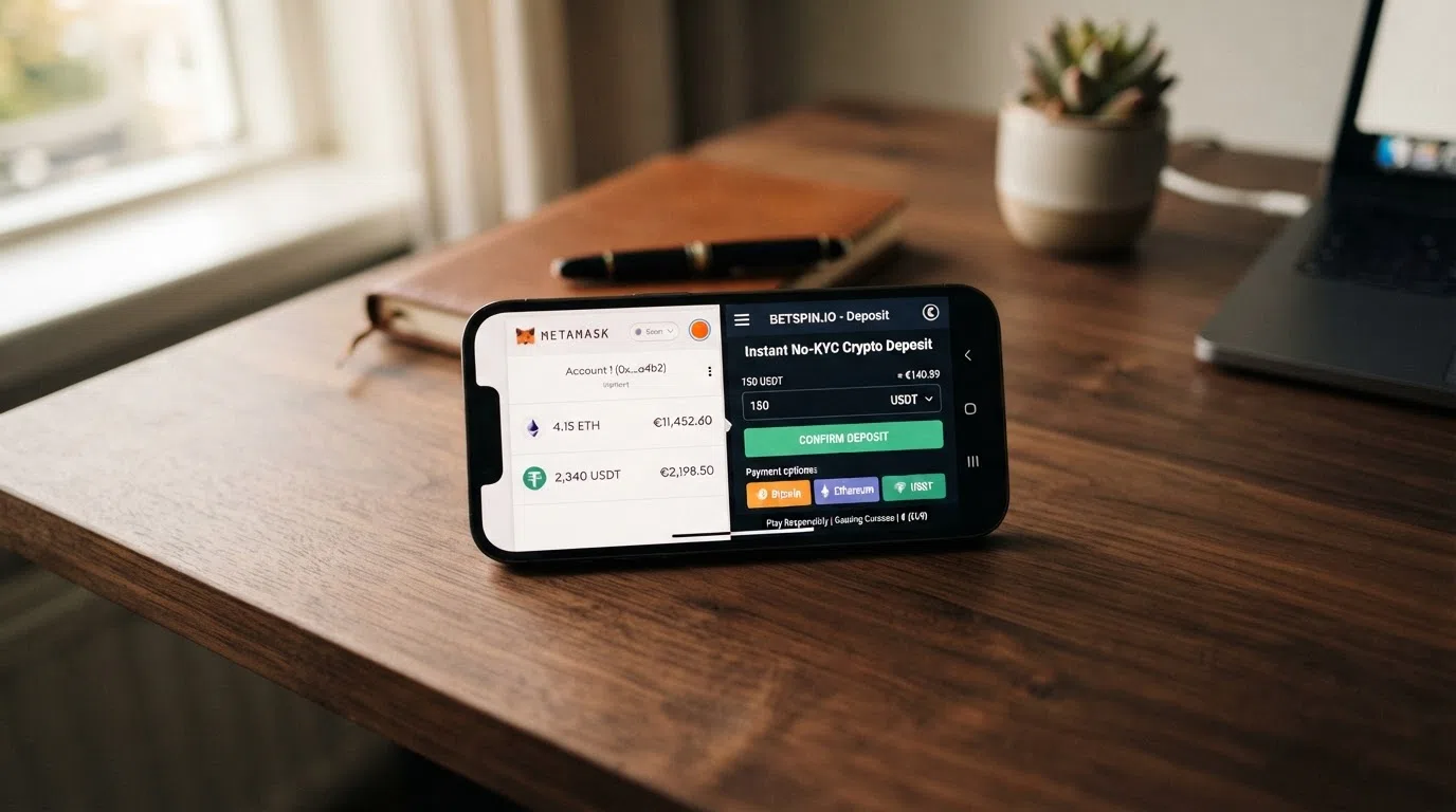 Een crypto-walletinterface naast een casino-stortingsscherm met bitcoin, ethereum en usdt als betaalopties
