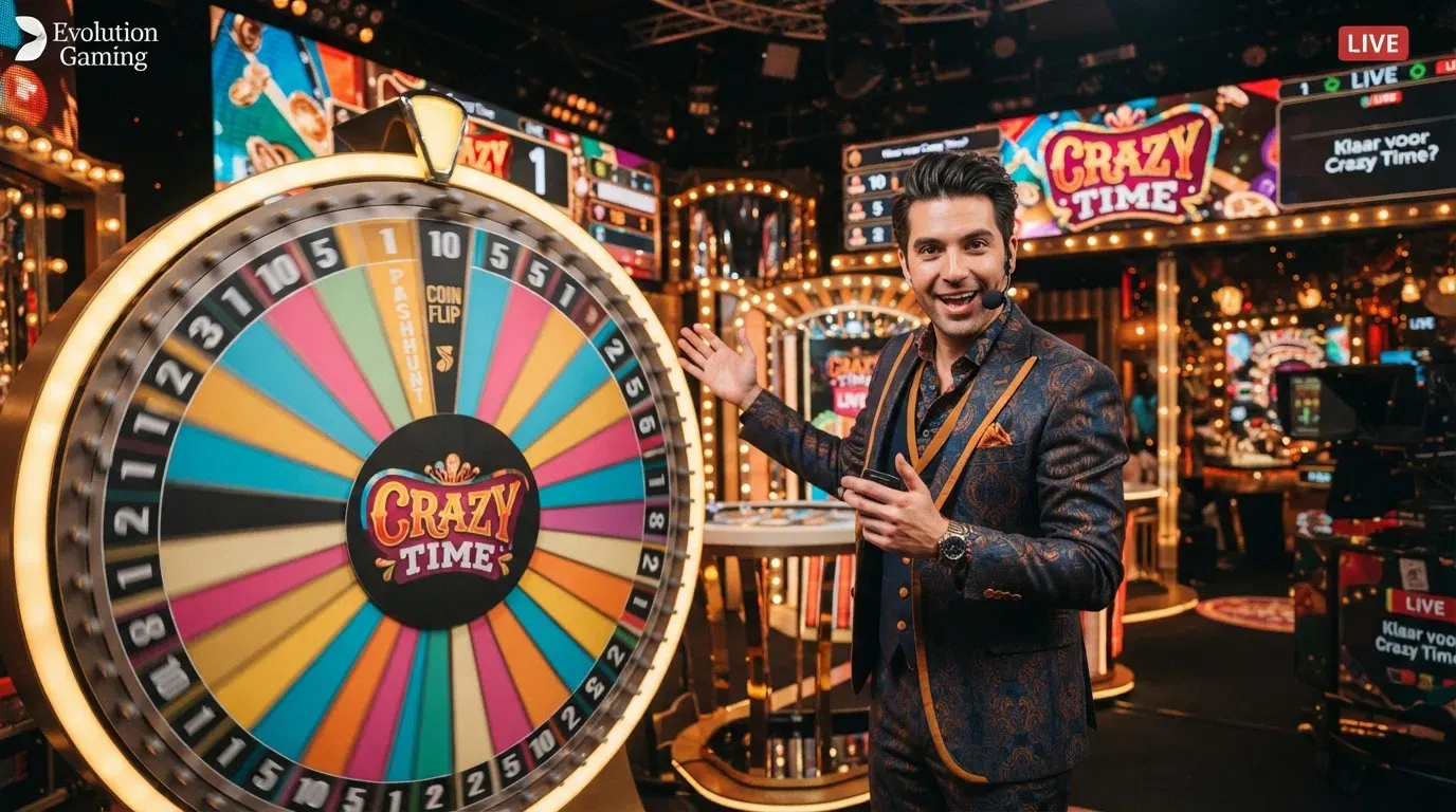 Crazy Time-spelshow van Evolution Gaming met het grote draaiende rad, de live presentator en de bonusrondes op het scherm