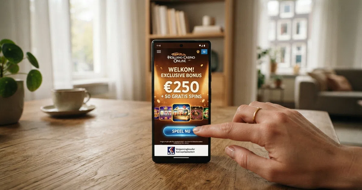 Een Nederlands online casino welkomstscherm met een uitgelichte bonusaanbieding, een iDEAL-betaalknop en het KSA-keurmerk onderaan de pagina