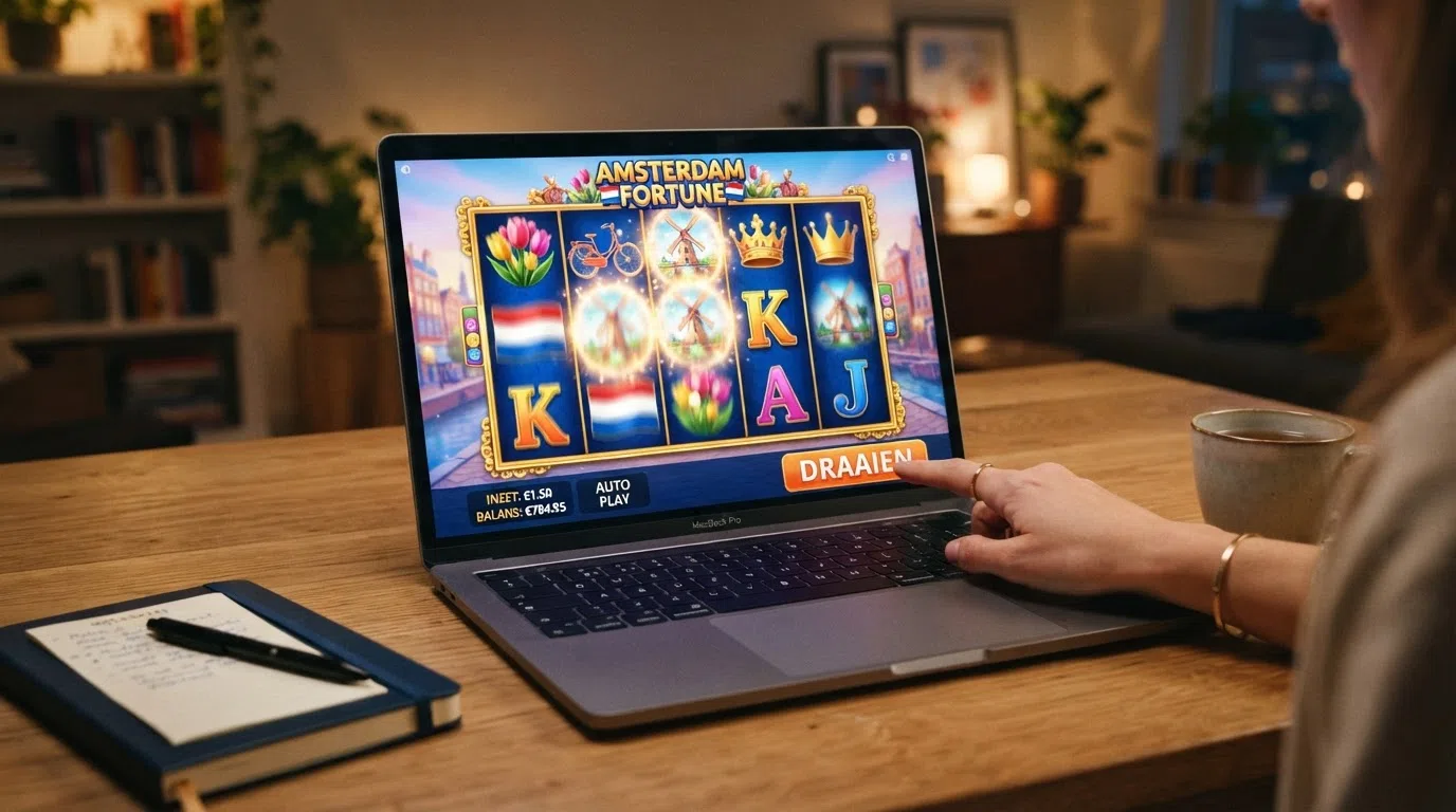 Een Nederlandse online gokkast op een laptopscherm, met het bonus-saldo zichtbaar in de hoek van het scherm.