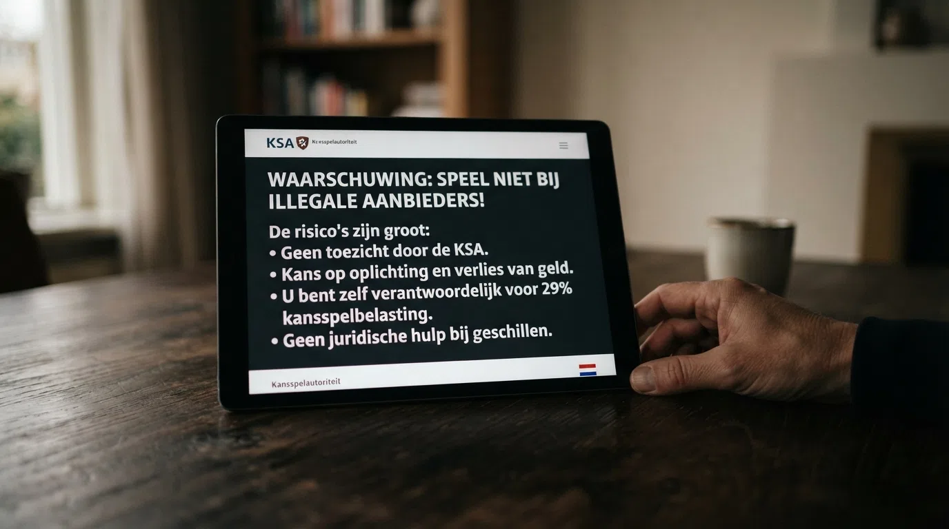 Een waarschuwingspagina van de KSA over de risico's van spelen bij illegale aanbieders zonder Cruks-controle