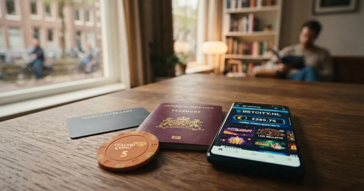 Een Nederlands paspoort of ID-kaart naast een smartphonescherm met een casino-website, met een slot op de voorgrond dat een slot-symbool toont