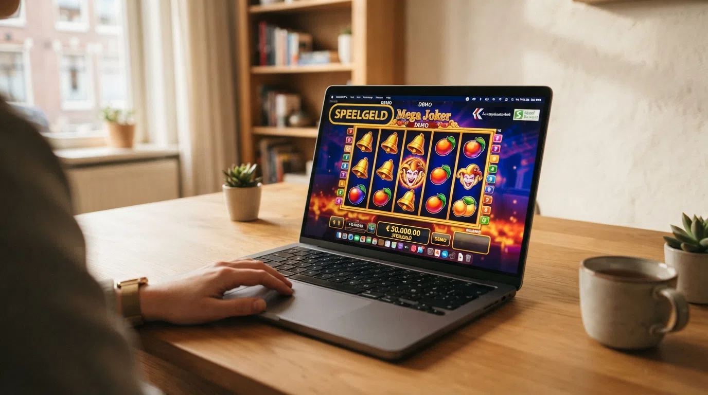 Een laptopscherm met een kleurrijke gokkast in demo-modus, met duidelijk zichtbaar 'speelgeld' of 'demo'-label en geen stortingsknop