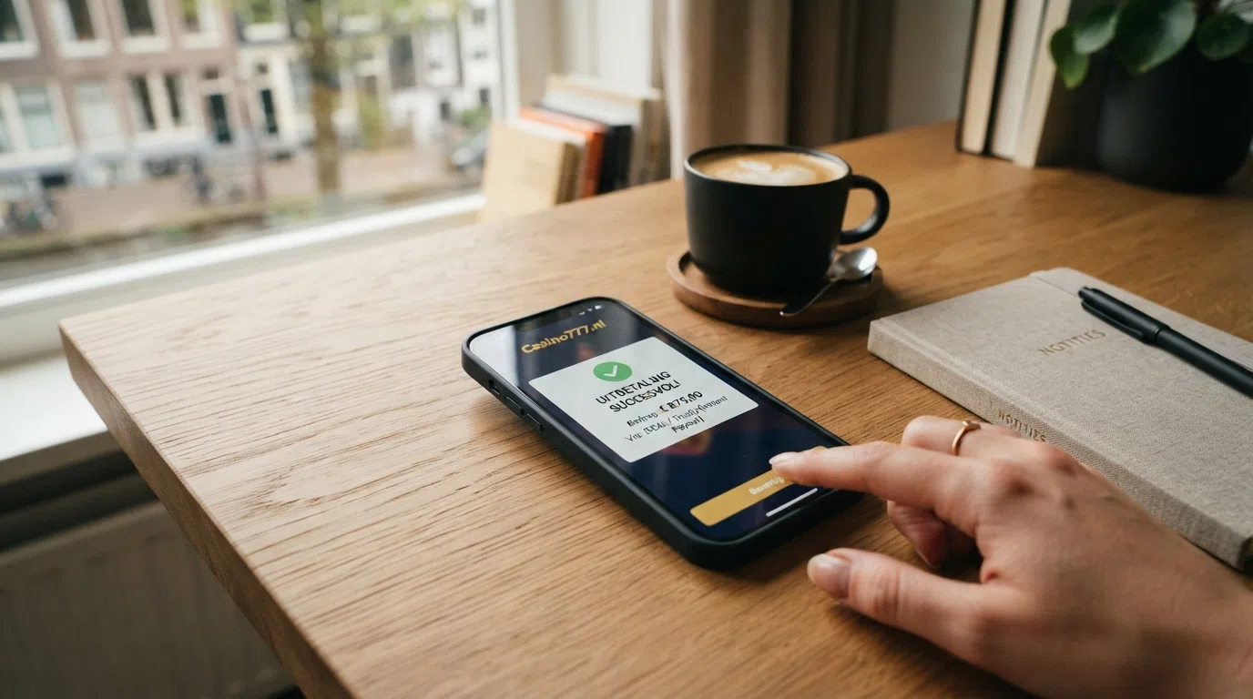Het iDEAL-betaalscherm op een smartphone, met het logo van een Nederlands online casino op de achtergrond.