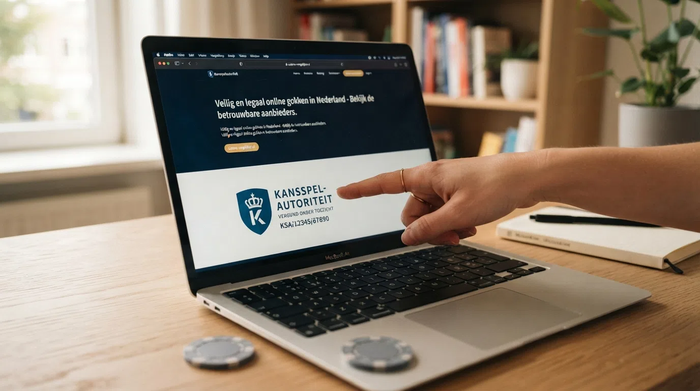Een close-up van het Kansspelautoriteit-keurmerk op een casinosite met het vergunningenregister op de achtergrond