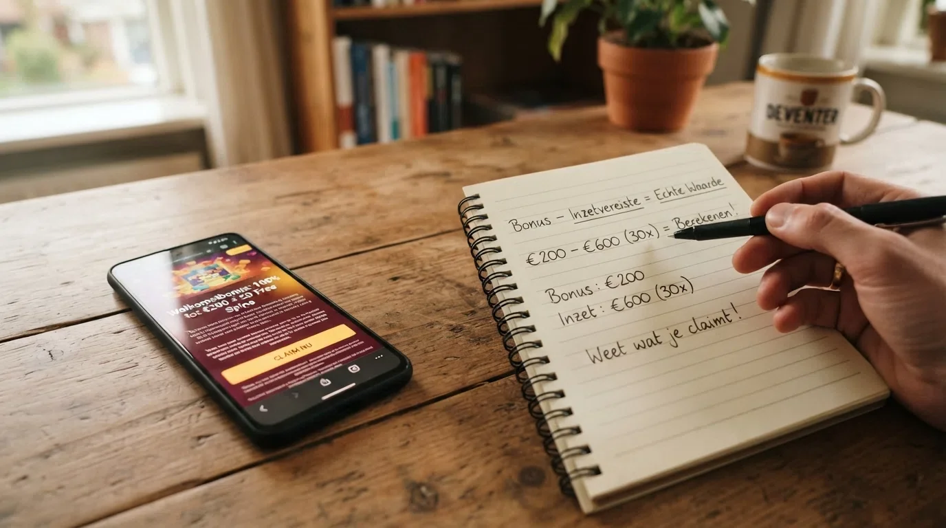Een split-screen: links een smartphone met een geopende casinobonuspagina, rechts een notitieboek met een rekensom (bonus − inzetvereiste) en de woorden “weet wat je claimt”