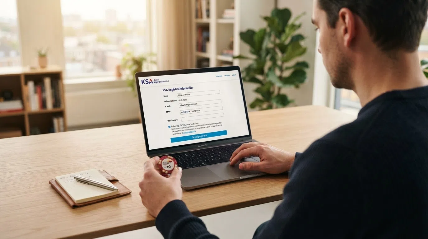 Het KSA-logo naast het Cruks-registratiescherm op de pagina van een Nederlandse casino-website, met het Kansspelwijzer-register op de achtergrond