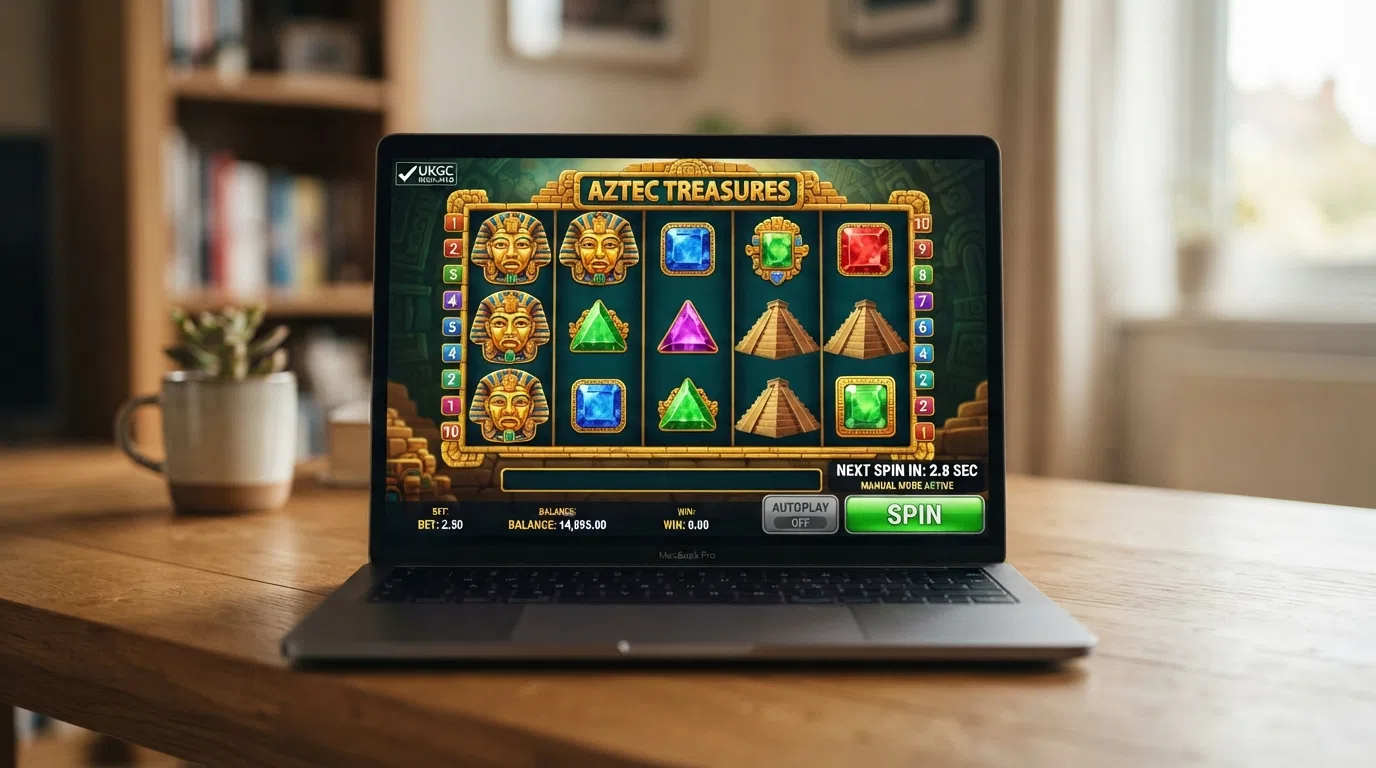 het KSA-vergunningslogo naast een slot-interface waarop de ontbrekende autoplay-knop en de spin-timer zichtbaar zijn