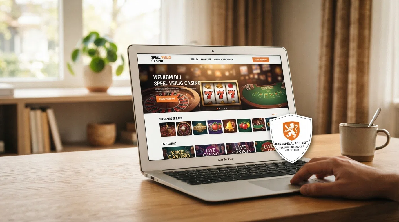 De homepage van een online casino met het Kansspelautoriteit-keurmerk zichtbaar in de footer