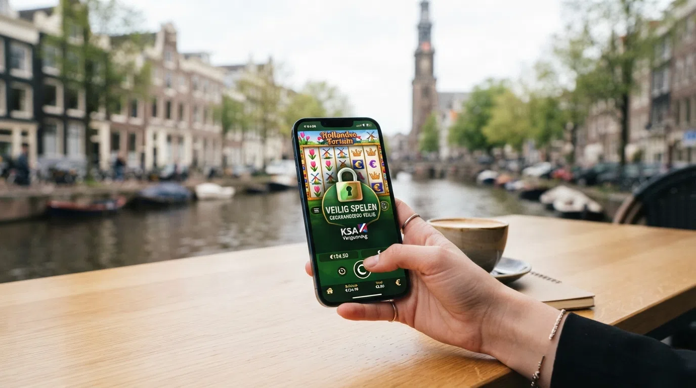 Het logo van de Kansspelautoriteit naast een slot-scherm met een slotje-icoon voor veilig spel