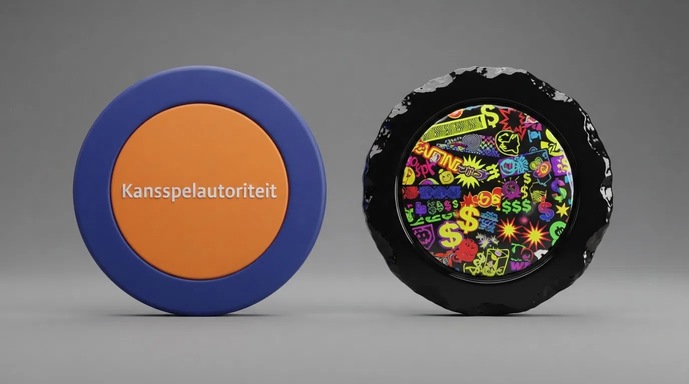 Het logo en keurmerk van de Kansspelautoriteit naast het risico-symbool van een onvergund casino zonder bescherming.