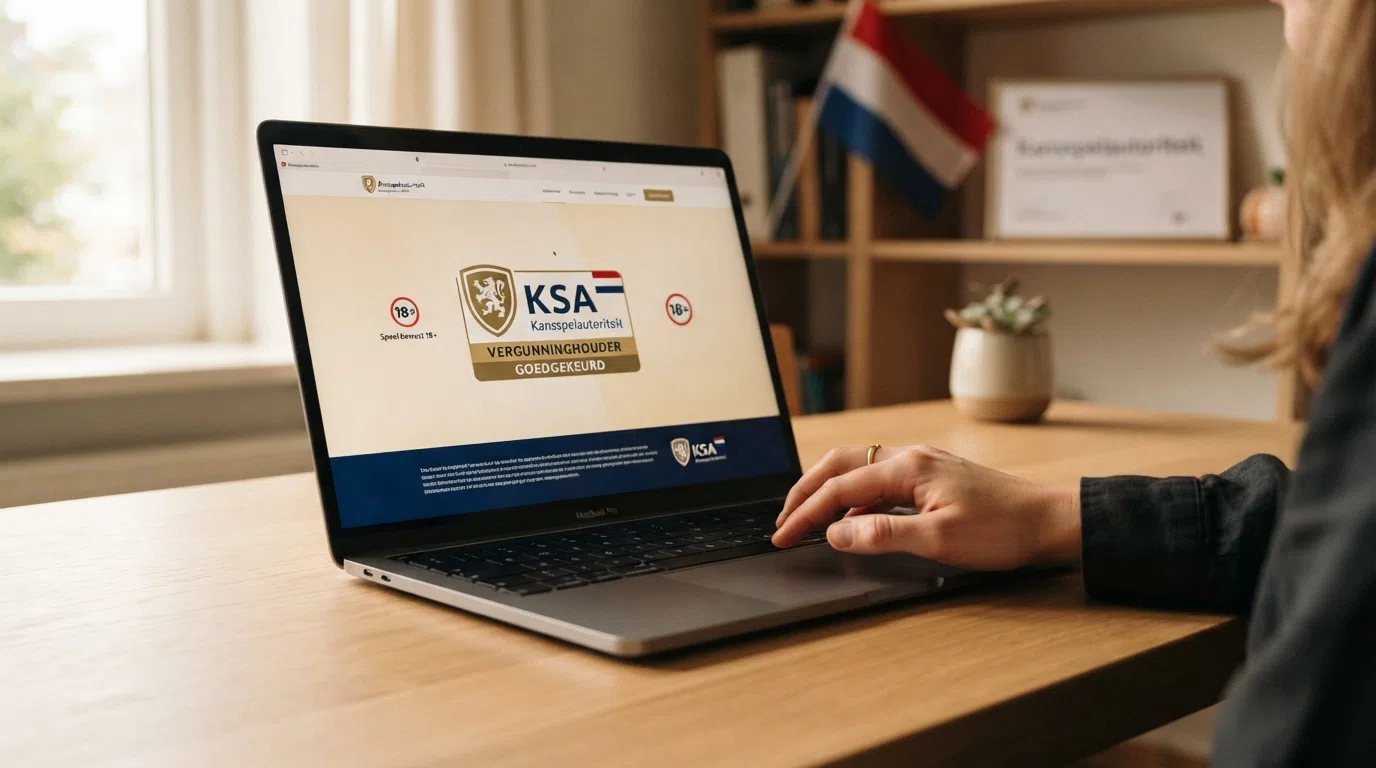 Close-up van het KSA-keurmerk op een computerscherm, met op de achtergrond een vervaagde Nederlandse vlag en de tekst “Kansspelautoriteit” leesbaar