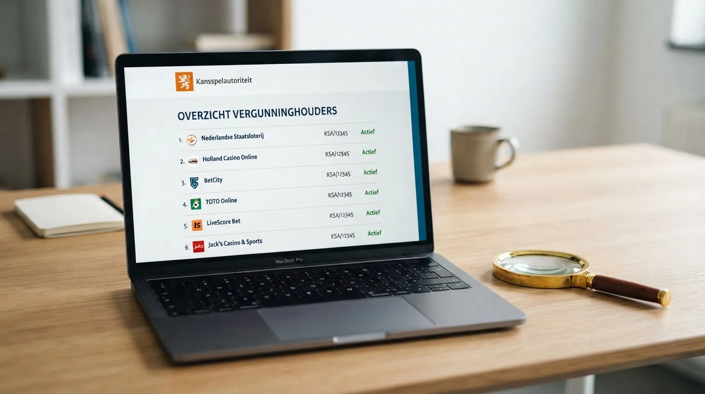Een overzichtelijke vergelijking van casinologo's op een scherm, met een KSA-logo als keurmerk bovenaan en een vergrootglas dat het register-icoon benadrukt