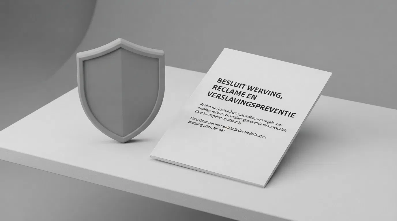 Het logo van de Kansspelautoriteit op een witte achtergrond naast een document met de titel “Besluit werving, reclame en verslavingspreventie”