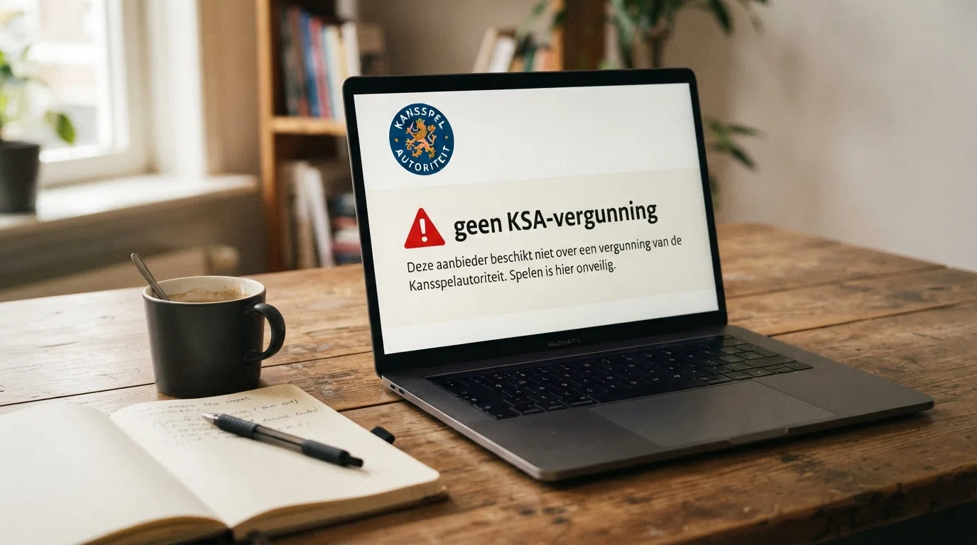 Het logo van de Kansspelautoriteit naast een rood waarschuwingssymbool met de tekst 'geen KSA-vergunning' op een scherm